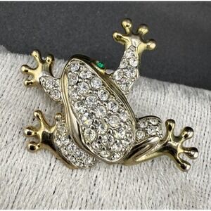 Vintage Swarovski Frog Brooch Green Eye Gold‎ Tone